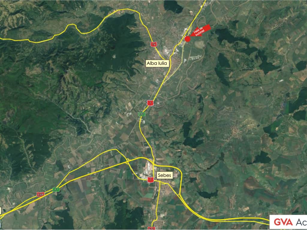 Hala Alba Iulia II hale de inchiriat in estul orasului Alba Iulia, cu acces direct din Sos. de Centura Alba – Sebes, harta zona